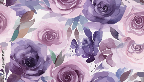 Purple pastel watercolor roses, green leaves, collage pattern. Bright contemporary print for wedding stationary, greetings, wallpapers, fashion, backgrounds, textures, DIY, wrappers, cards