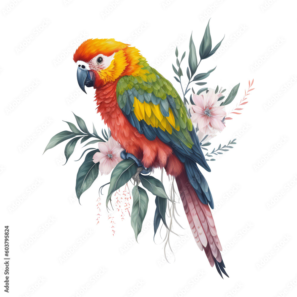 Watercolor macaw parrot Clipart, South American parrot with tropical leaves, Cute Parrot art transparent