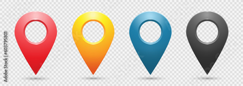 Realistic colored geolocation icons on a transparent background. A set of four pin-code icons of the geolocation map. Vector EPS 10.