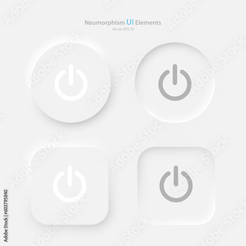 A set of round and square power buttons on a white background. User interface elements in the style of neumorphism, UX. Vector EPS 10.