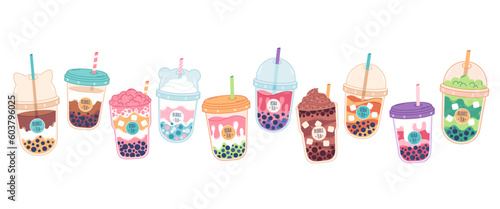 Collection of Bubble Milk Tea with tapioca pearls. Boba tea. Taiwanese drink. Summer cold drink. Hand drawn vector illustration
