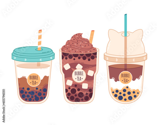 Collection of Bubble Milk Tea with tapioca pearls. Boba tea. Taiwanese drink. Summer cold drink. Hand drawn vector illustration