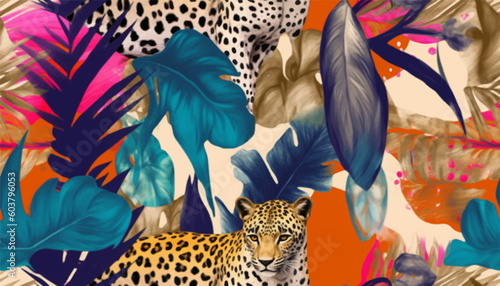 Creative contemporary petern with leopard and tropical plants. Fashionable template for design