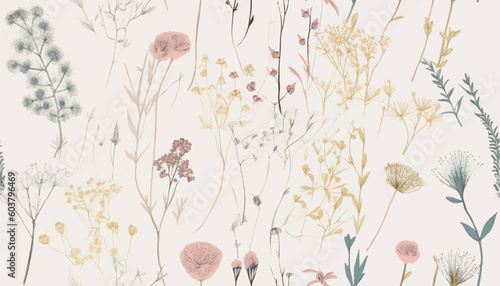 Boho flowers watercolor seamless paper for fabric, Dried Floral repeat pattern, Beige and purple floral rustic background. Flowers print. Modern pattern. Fashionable template for design