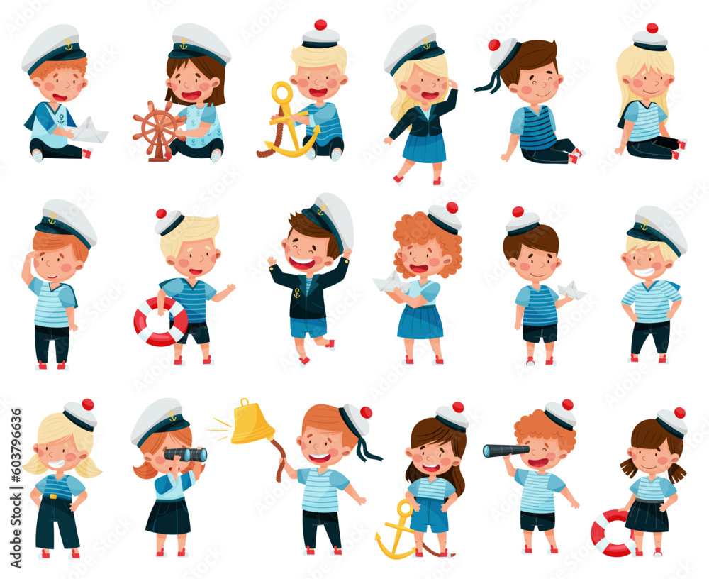 Kid Sailors in Cap and Striped Shirt Playing Vector Set