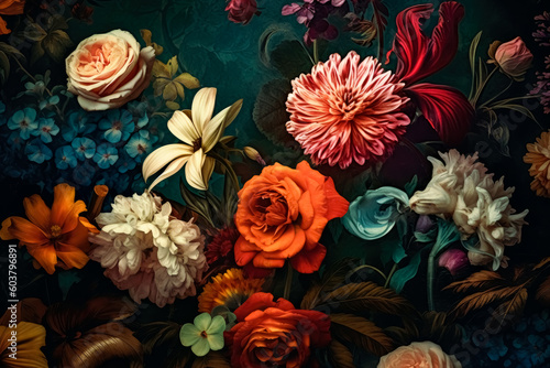 Roses background, warm color palette, vintage aesthetics. Generative Ai Illustration. © Saulo Collado