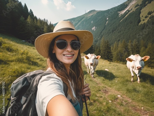 Glückliche Touristin im Sommerurlaub.  Frau mit Hut und Sonnenbrille macht Selfie mit Kuh in malerischer Berglandschaft, generative AI.