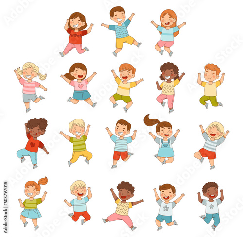Elated Children Jumping with Joy Expressing Excitement and Happiness Big Vector Set