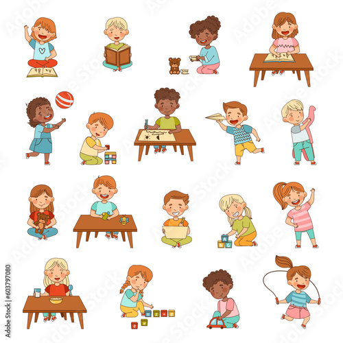 Little Kids in Kindergarden Learning Alphabet, Playing Toy Blocks, Drawing and Doing Sums Big Vector Set