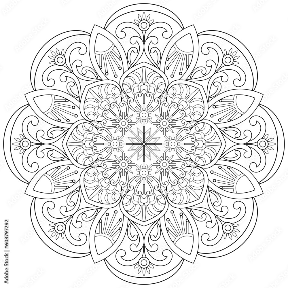 Colouring page, hand drawn, vector. Mandala 173, ethnic, swirl pattern, object isolated on white background.