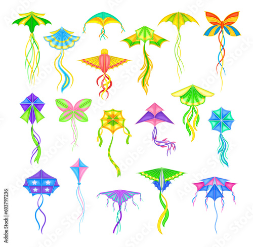 Colorful Kite as Tethered Craft with Wing Surfaces and Tail Big Vector Set