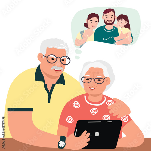 Elderly couple communicate with their children and granddaughter online.Grandfather and grandmother with a laptop.Happy smiling relatives have fun together.Vector cartoon flat illustration on white.