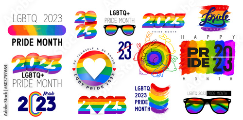 Collection of LGBT Pride Month 2023. Rainbow flag, sunglasses, rabbit, logos, symbols and colored stickers. Human rights and tolerance. LGBTQ community. Vector illustration.