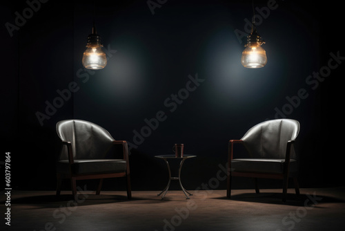 Studio for interview and podcast. Two empty chairs and spotlights in dark room. Created with Generative AI