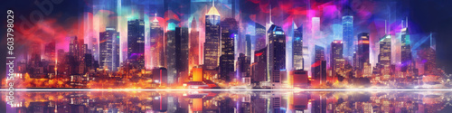 Skyline with neon colored city at night. Cityscape with reflection in river. Futuristic cyberpank banner with colorful skyscrapers. Created with Generative AI © Lazy_Bear