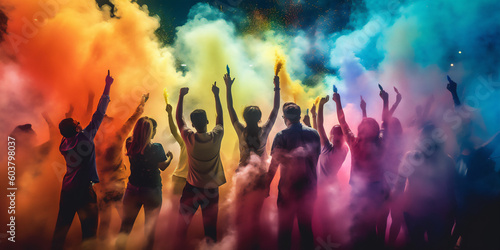 People dancing at night with colorfull smoke