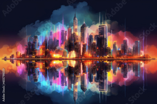 Skyline with neon colored city at night. Cityscape with reflection in river. Futuristic cyberpank banner with colorful skyscrapers. Created with Generative AI