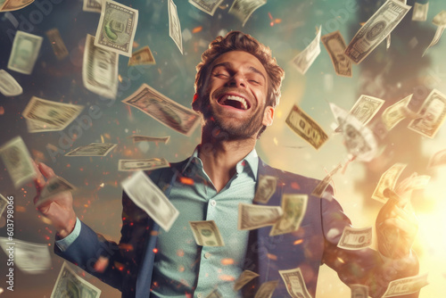 Happy successful man standing under money rain. A lot of dollar banknotes falling on smiling man. Success and wealth concept. Created with Generative AI photo