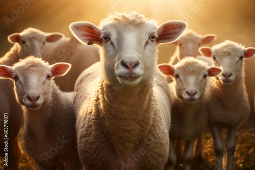 sheep and lambs looking at the camera