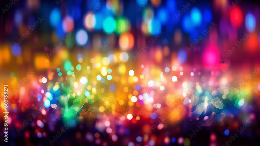 An abstract colourful neon bokeh lights background with light glints. A.I. generated.