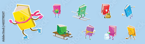Cute Humanized Books in Hard Cover Playing Snowballs and Building Snowman Vector Set