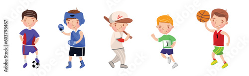 Boy Character in Sports Uniform Playing Football, Baseball, Cricket, Running Marathon and Basketball Vector Illustration Set
