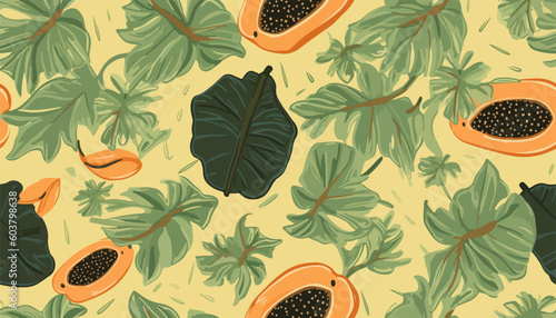 Bright abstract papaya print. Modern hand drawn seamless pattern. Fashionable template for design