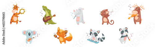 Cute Animal Character Playing Musical Instruments Performing Concert Vector Set