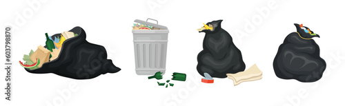 Street Dustbin and Sack as Trash Container for Garbage Vector Set