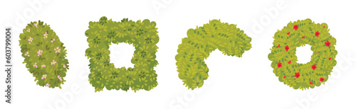 Green Bushes and Shaped Shrubs as Decorative Park Flora Vector Set