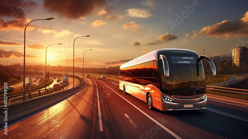 An intercity large and spacious bus travels along the highway. AI generation