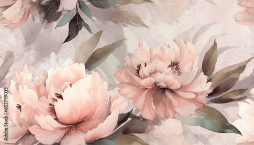 Delicate floral watercolor pattern for textiles and backgrounds, watercolor peonies flowers and green leaves, soft colors, boho style on a light background, floristic vintage