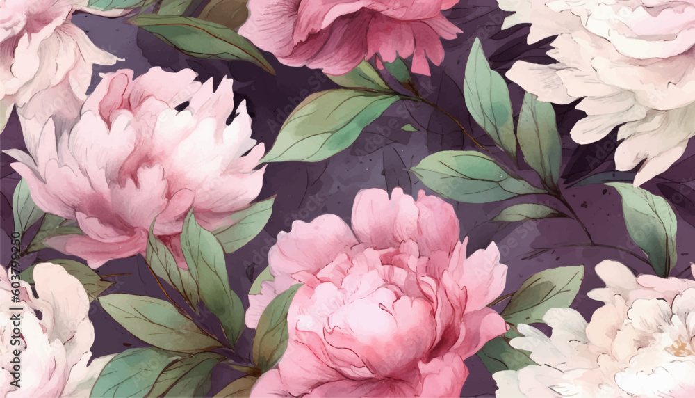 Delicate floral watercolor pattern for textiles and backgrounds, watercolor peonies flowers and green leaves, soft colors, boho style on a light background, floristic vintage