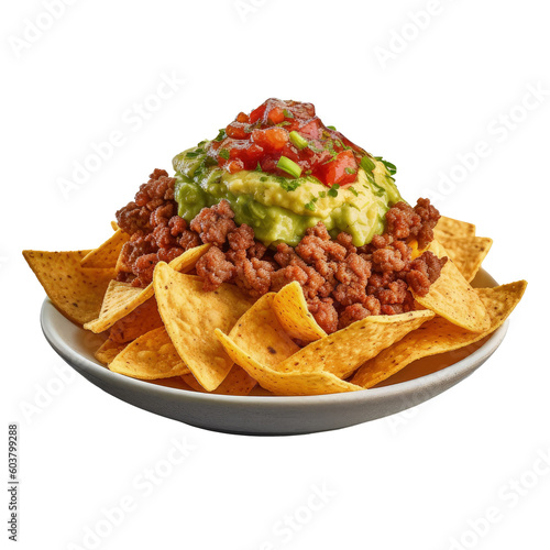 Corn chips nachos with fried minced meat and guacamole isolated Illustration ...