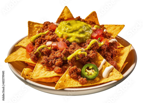 Corn chips nachos with fried minced meat and guacamole isolated Illustration ...