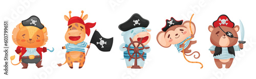 Cute Little Animal Pirate in Corsair Hat and Bandana Vector Set
