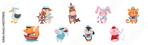 Funny Animal Sailors in Cap and Striped Shirt Vector Set