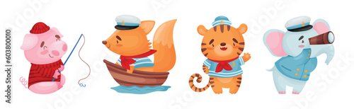 Funny Animal Sailors in Cap and Striped Shirt Vector Set