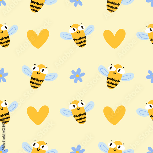 Summer Seamless Pattern with Cute Happy Bees, Hearts and Flowers. Funny Insects Hand-Drawn in Cartoon style. Children's print, colorful design, trendy minimalistic style.