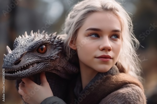 Beautiful girl, mother of dragons, with her dragon, generative ai © Gizmo