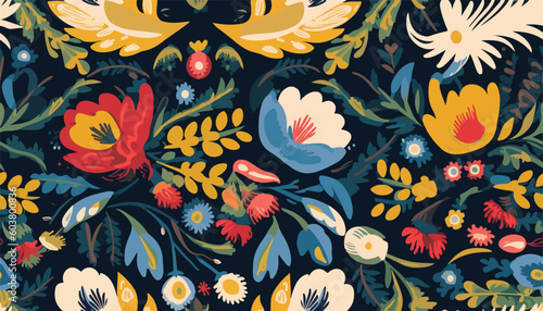 Cute Ukrainian style floral ornament pattern. Hand drawn artistic abstract print. Collage contemporary design