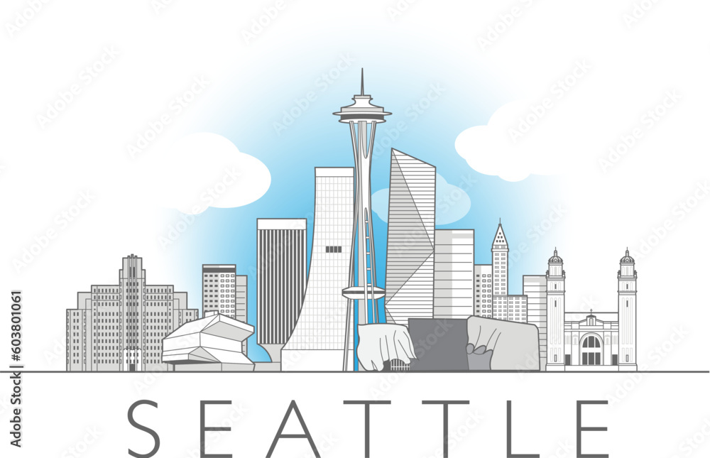 Seattle cityscape line art style vector illustration