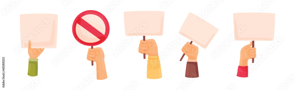 Raised Up Protester Arm with Banner in Hand Vector Set Raised Up Protester Arm with Banner in Hand Vector Set