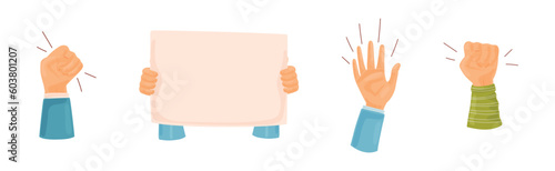 Raised Up Protester Arm with Banner in Hand Vector Set