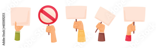 Raised Up Protester Arm with Banner in Hand Vector Set