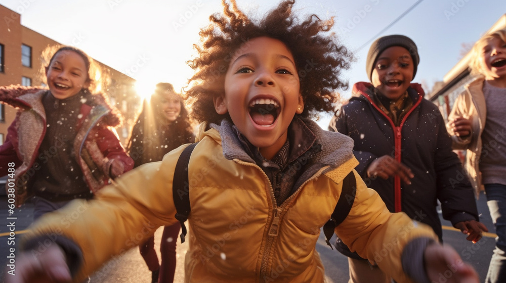Happy Laughing Multi-ethnic Children On Their Way to School - Generative AI. Happy Laughing Multi-ethnic Children On Their Way to School - Generative AI.