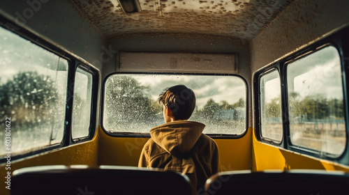 Sad, Afraid, Lonely and Cold Child Sits on a School Bus Alone - Generative AI. © Andy Dean