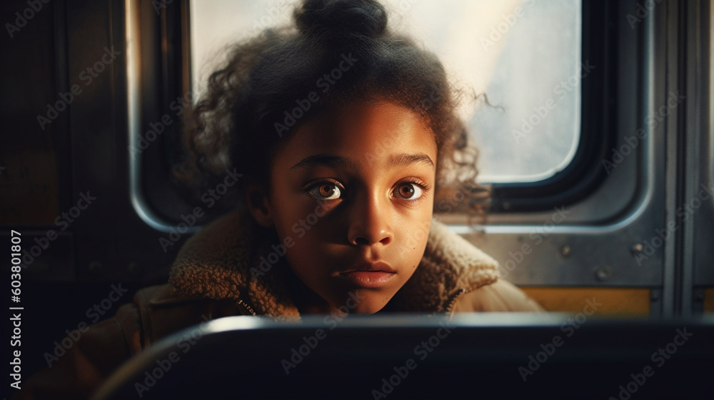 Sad, Afraid, Lonely and Cold Child Sits on a School Bus Alone - Generative AI.