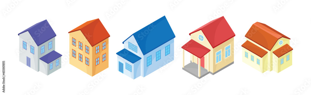 Detached House or Residence as Free-standing Building Isometric Vector Set