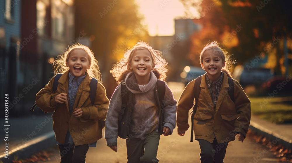 Happy Laughing Multi-ethnic Children On Their Way to School - Generative AI.